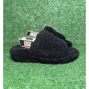 UGG Fluff Yeah Sling Back Strap Black Fluffy Slippers Womens Size 7